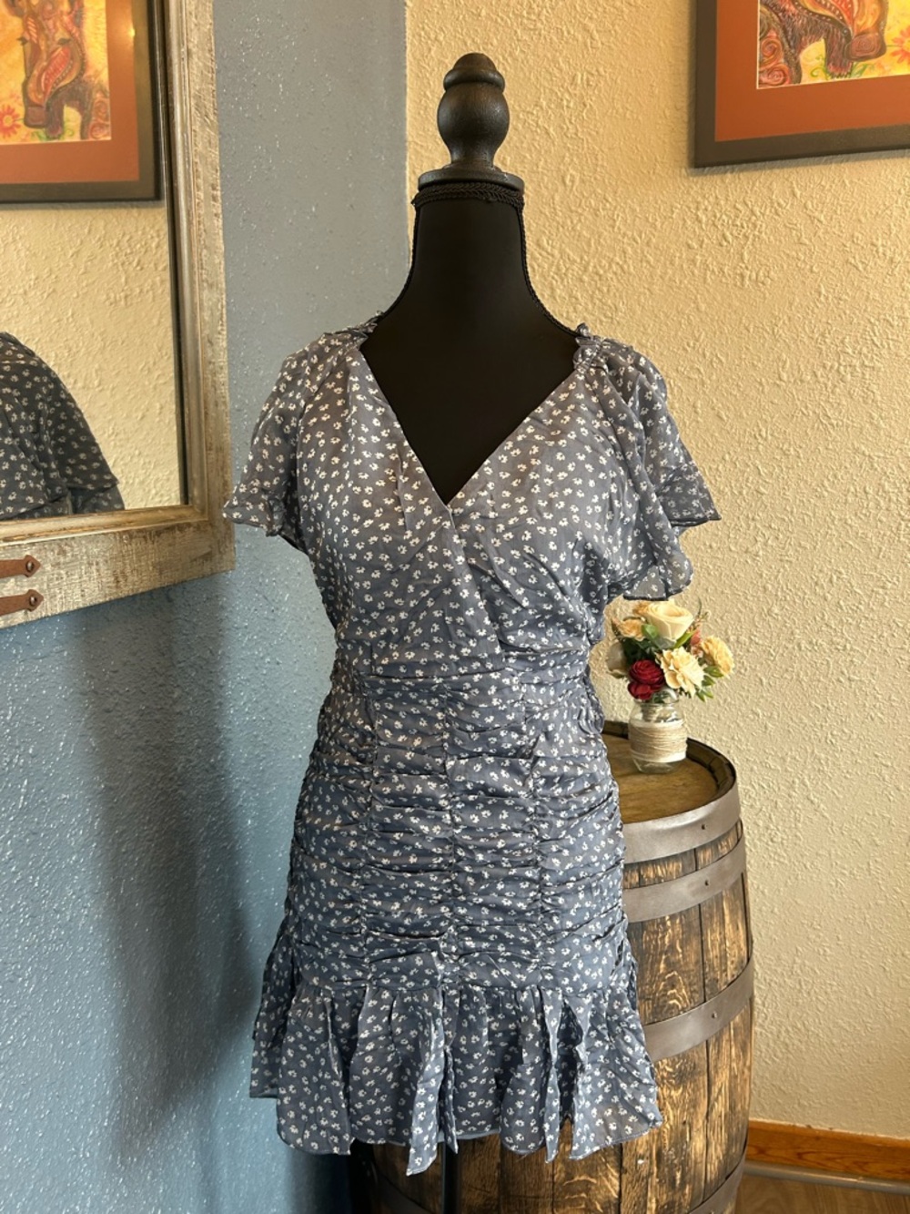 Flattering Promesa Dusty Blue Floral Wrap-Style Mini Dress, (Sizes:S,M,L )